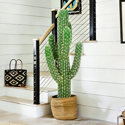 2.5FT Artificial Cactus 3-Branched 16-Ribbed with White Spines – Faux Cactus Plants Indoor Fake Succulent Decor