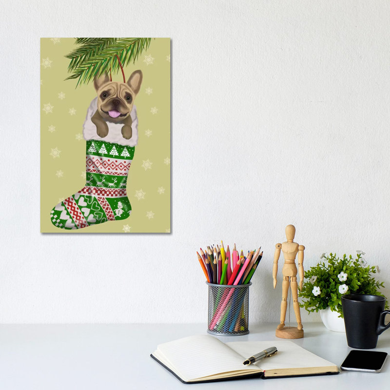 Bouledogue français en bas de Noël par Fab Funky - impression sur toile tendue, H 12 po x l 8 po x P 0,75 po