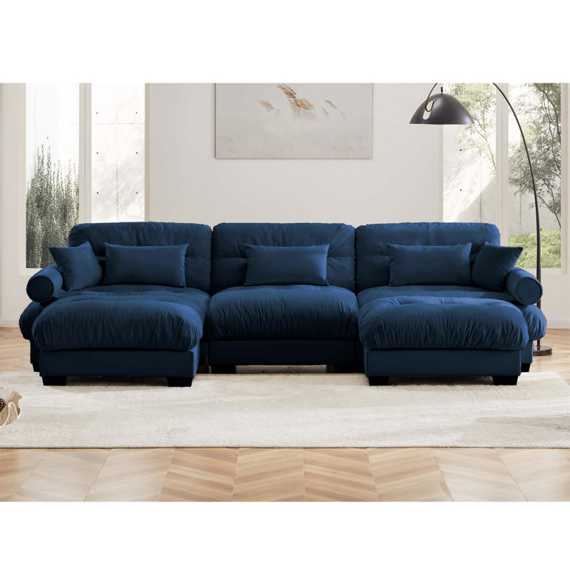 Canapé modulaire à assise profonde en U avec 2 repose-pieds mobiles, Velours bleu