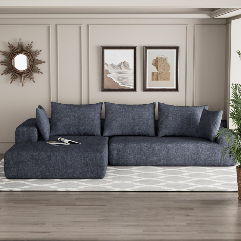 Boneless L-shaped Modular Foam-filled with Spring Support Simple Living Room Sofa, BLUE, Chenille