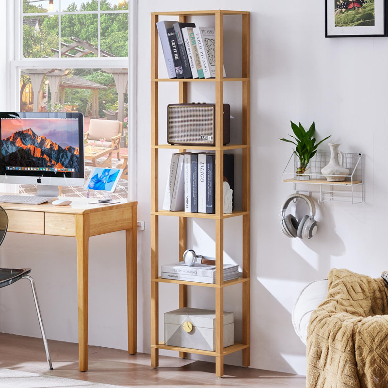 66in Tall Bookshelf 6-Tier Small Narrow Bookcase, Skinny Book Shelf for Small Space, Farmhouse Slim Shelf with Storage, Wood Freestanding Display Thin Bookshelves for Living Room (Natural)