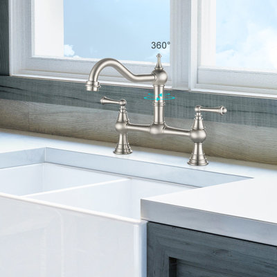 Heritage Brass Bridge Kitchen Faucet with Sprayer, 4 Hole Kitchen Faucet 2 Handle, 8 Inch Centerset Faucet for Kitchen Sinks