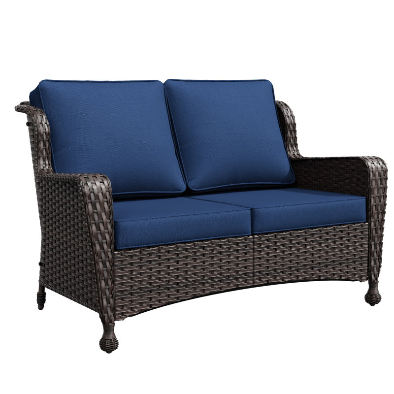 Outdoor Patio Rattan Loveseat With Cushions, Blue