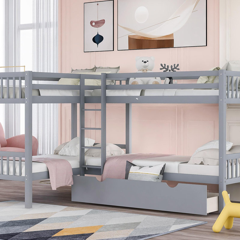 Lit simple superposé en forme de L avec tiroirs - Gris