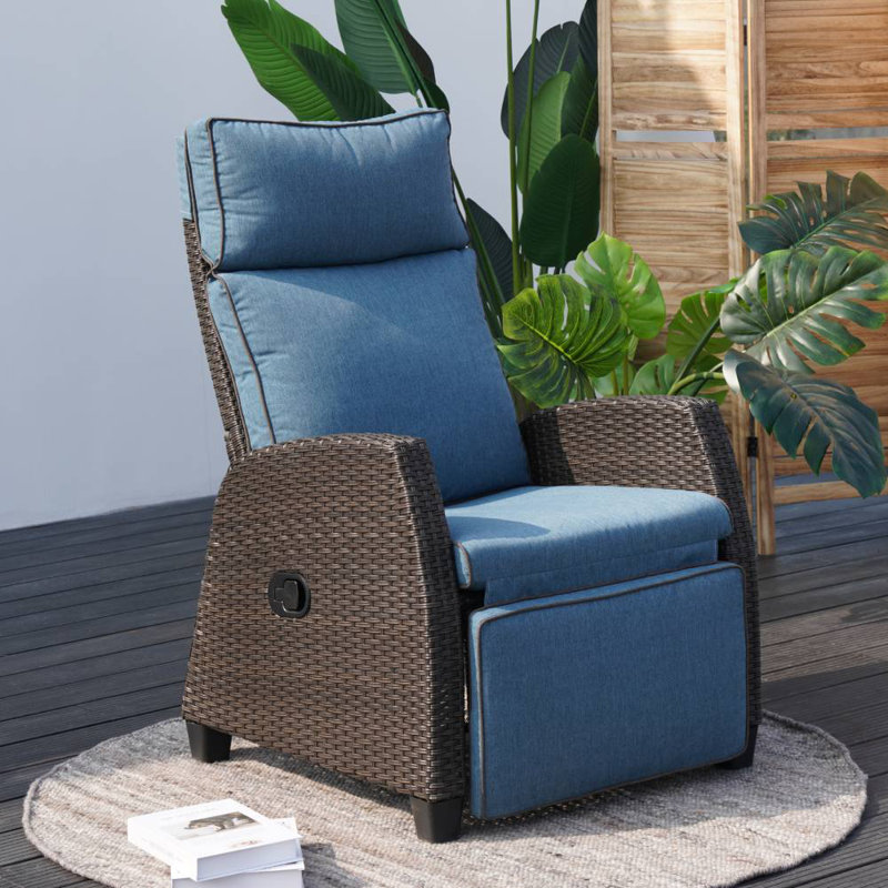 Moore Wicker Recliner Patio Chair with Cushions, Peacock Blue, Dark Brown