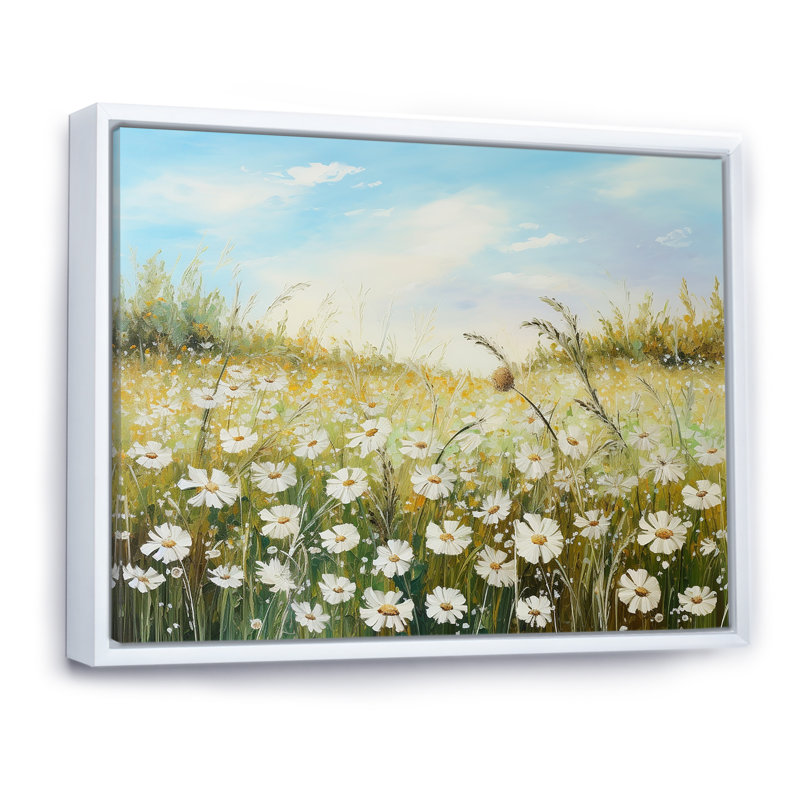 Champ de fleurs marguerites au soleil, H 12 po x l 20 po x P 1 po, Cadre flottant blanc