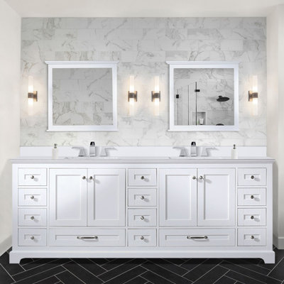 Meuble-lavabo double blanc l 84 po x P 22 po, comptoir en quartz blanc, ensemble de robinet et miroirs 34 po
