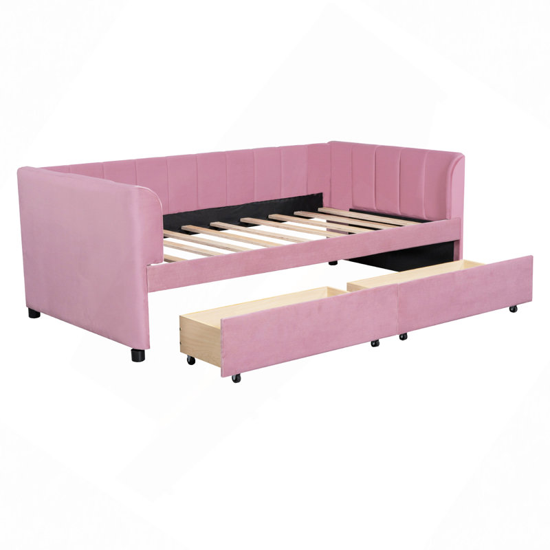 Lit de jour rembourré avec dossier ergonomique et 2 tiroirs, Rose