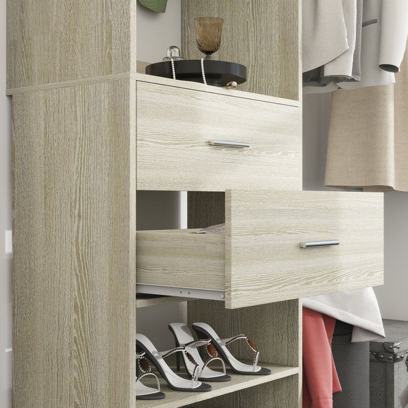 80"-120" Closet System With Door And Wooden Drawers（Adjustable Width）, White Oak