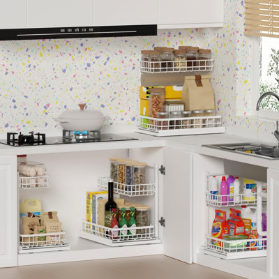 Organisateur sous évier, rangement de cuisine coulissant à hauteur réglable, tablette de cuisine à 2 niveaux, organisateur de tiroir de salle de bain, lot de 2, (blanc)