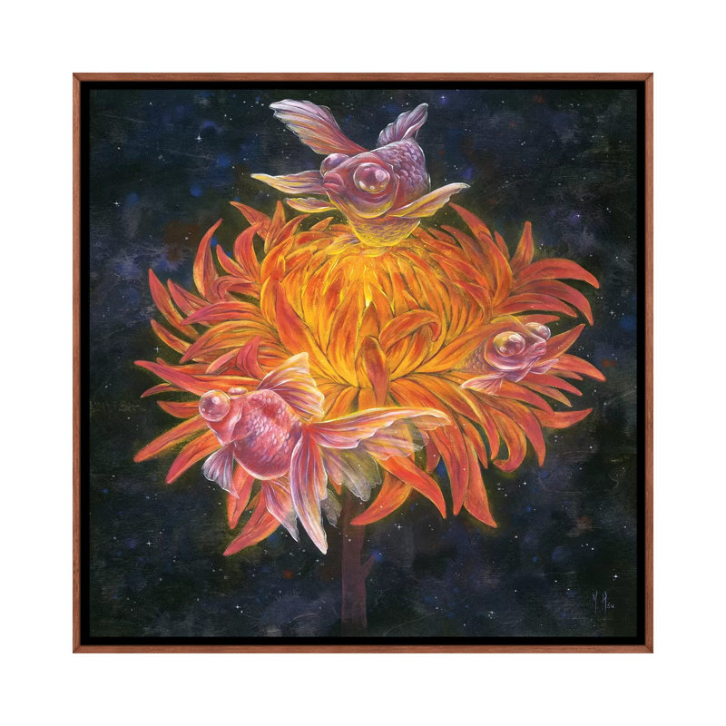 Goldfish Sun by Martin Hsu - Painting on Canvas, 93.98 cm H x 93.98 cm W, Classic Brown Wood Framed