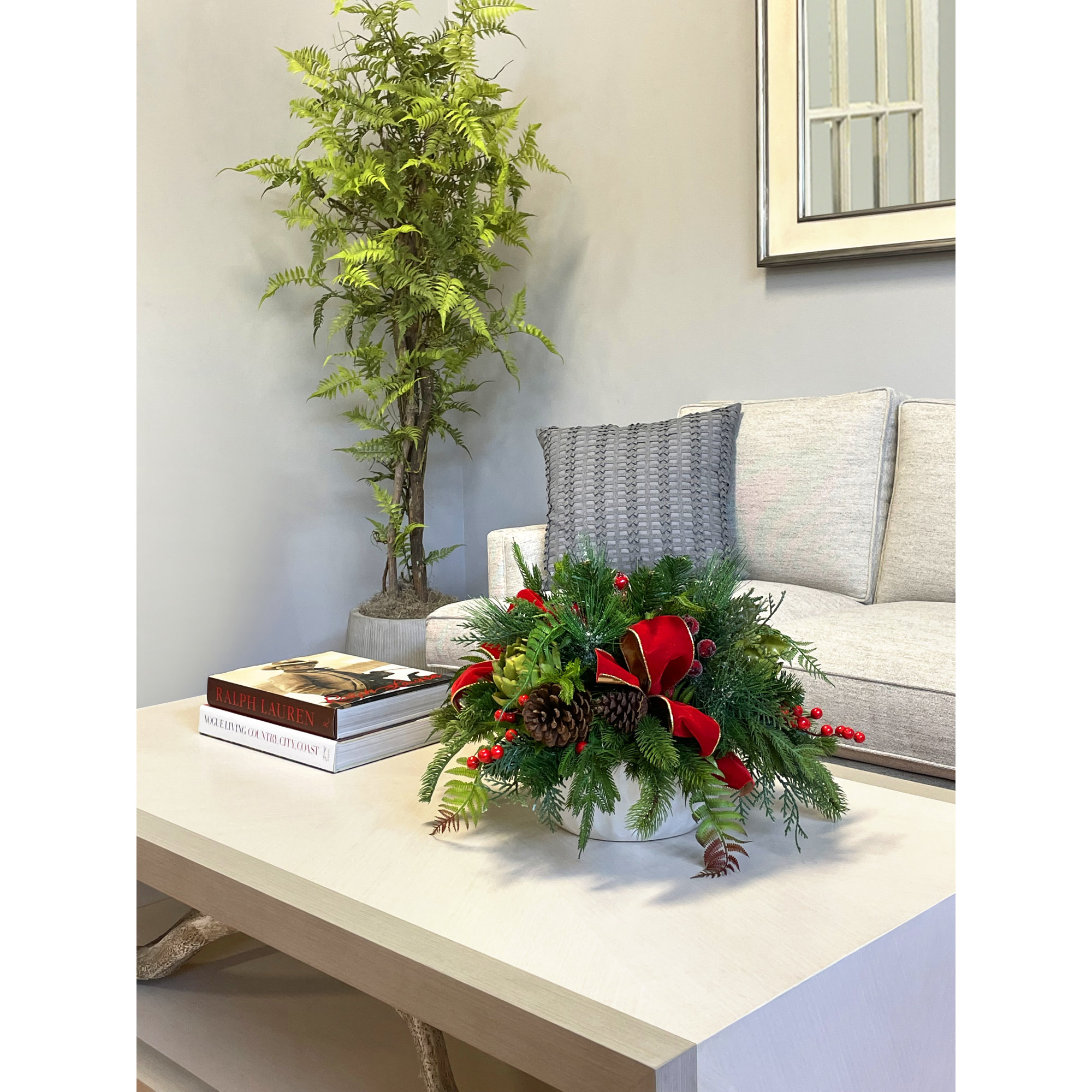 Holiday Centerpiece with Evergreens, Ferns, Artichokes and Berries