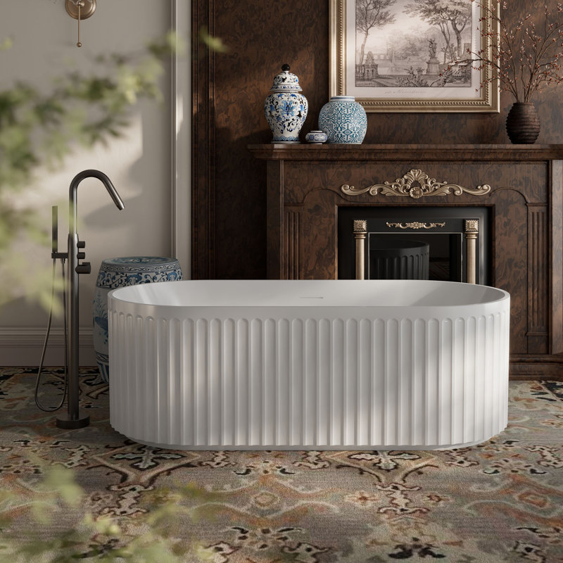 Baignoire de trempage autoportante cannelée blanche en acrylique avec trop-plein et bonde escamotable 59 "x 29,5" pour salle de bain MonBlari