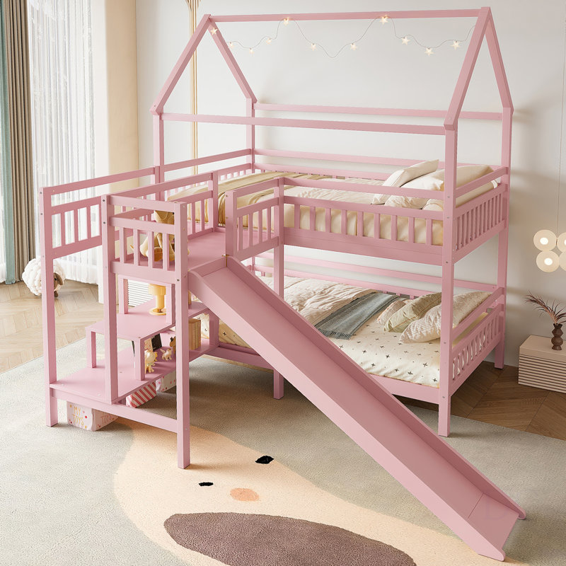 Lit double superposé en forme de maison double avec glissade, lit de jeu avec escalier de rangement, deux méthodes de placement, conception silencieuse