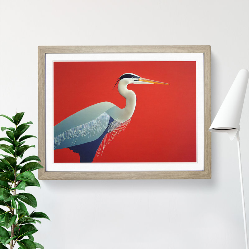 A Lively Heron Bird - Single Picture Frame Print, 46cm H x 64cm W x 2cm D, Oak