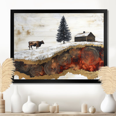 «Dontrae Winter Farm with Cow In The Field Landscape II», art mural ferme