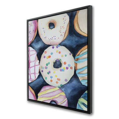 Watercolor Delicious Looking Doughnuts - Framed Canvas Decor