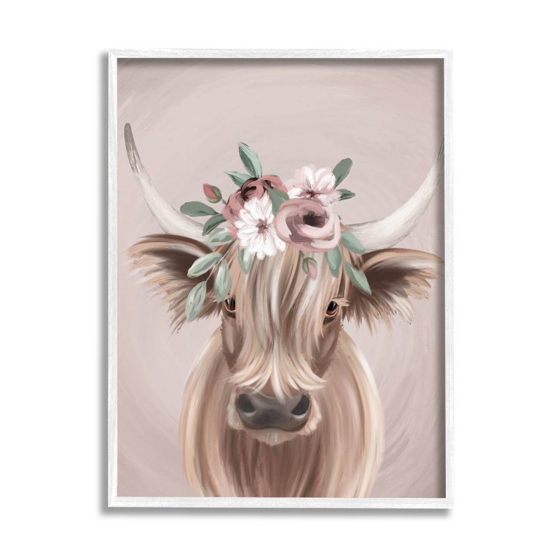 Highland Bovins, couronne de fleurs roses, estampe numérique par Jo Taylor, H 20 po x l 16 po x P 1,5 po
