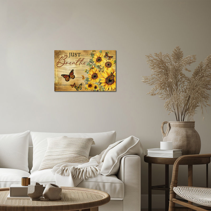 Tournesol, art mural Just Breathe, affiche florale rustique, ferme, impression sur toile, galerie d'art sur toile tendue pour cuisine, salle de bain, bureau, prêt à être accroché, 18 po x 24 po