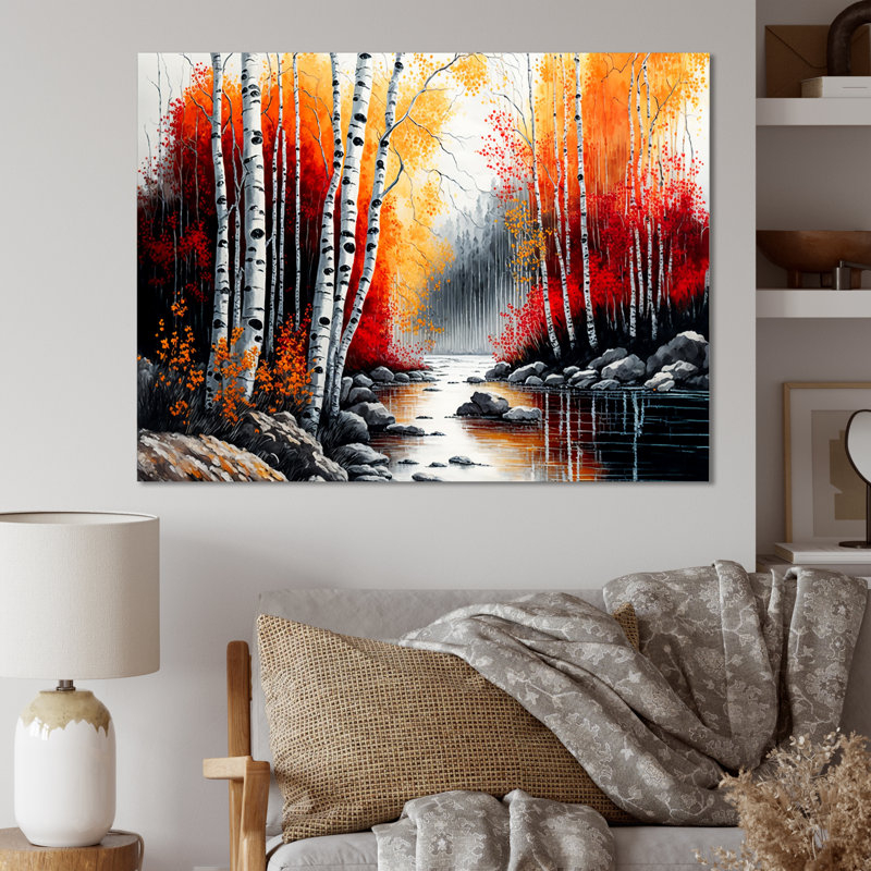 Bouleaux rouges et oranges au bord de la rivière - Impression sur toile, H 24 po x l 32 po x P 1 po, Toile tendue
