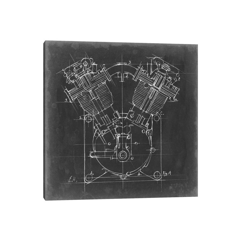 « Motorcycle Engine Blueprint II » par Ethan Harper, reproduction d’art, H 18 po x l 18 po x 1,5 po, Toile tendue