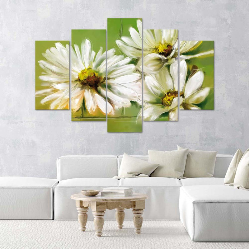 White Daisies Flowers - 5 Piece No Frame Print on Canvas, 100cm H x 200cm W