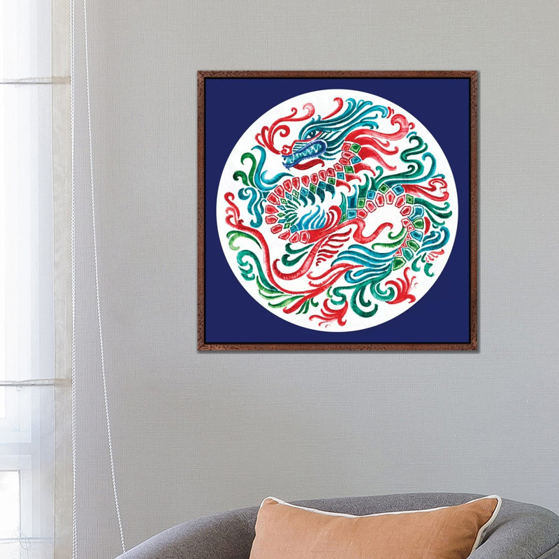 Flying Dragon by Eva Watts - Painting on Canvas, 66.04cm H x 66.04cm W x 3.81cm D, Classic Brown Wood Framed