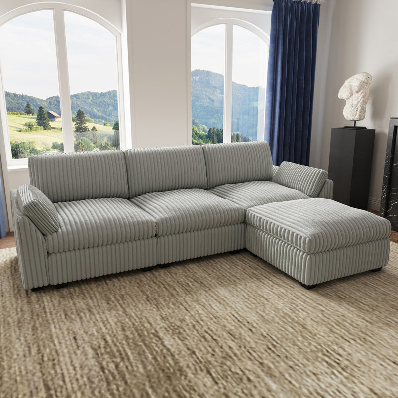 Canapé modulaire en L avec repose-pieds, Grey Plush Corduroy