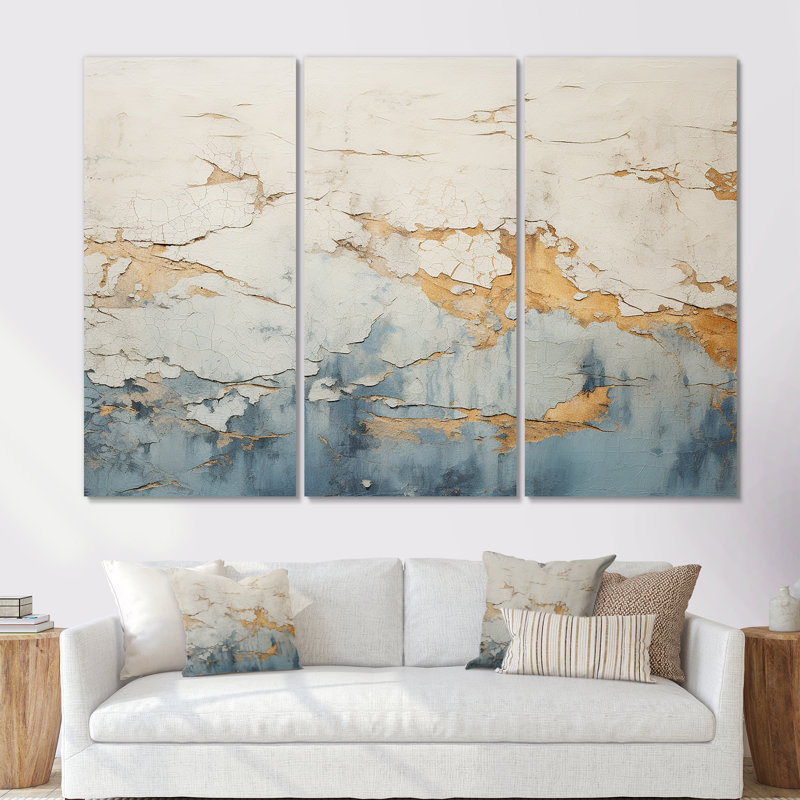 «Gold and Blue Paint Fusion», ensemble d'art mural abstrait, H 28 po x l 36 po x P 1 po, Toile tendue