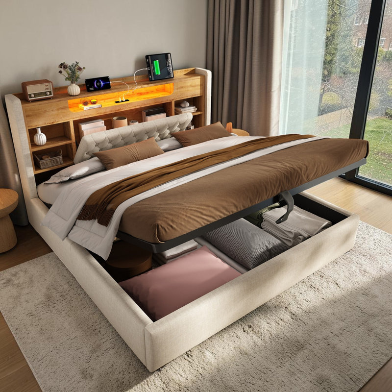 Linen 4ft6 Double Bed with Hydraulic Storage Upholstered Bed Frame with LED Lighting & Charging Station, Storage Headboard (No Mattress)