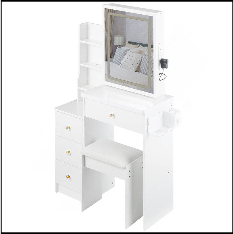 Petite coiffeuse 29,2 po avec tabouret de chevet gauche + tabouret rembourré, 2 blocs d'alimentation CA + 2 ports USB, support pour sèche-cheveux, très grand miroir à DEL coulissant à contrôle tactile, changement de couleur tricolore, réglage de la