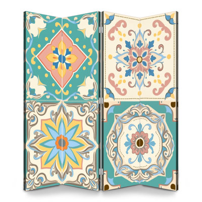Mexican 4 Panels Folding Screen Room Divider Royal Vintage Floral Tile Pastel Colors Intricate Canvas Screen Room Separator Freestanding Protective Wall Divider Privacy Partition