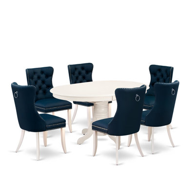 7 Piece Dining Table Set Includes an Oval Kitchen Table with Removable leaf and 6 Padded Chairs, linen white