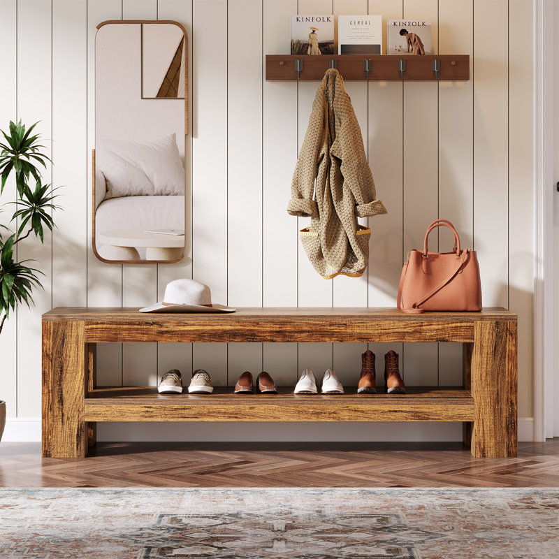 Banc de hall d'entrée en bois 59 "avec tablette de rangement, Brun