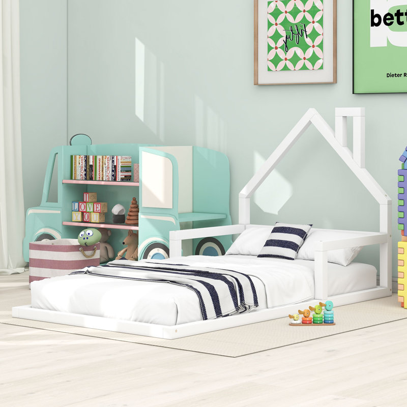 Wood Floor Bed with House-shaped Headboard, Twin, White