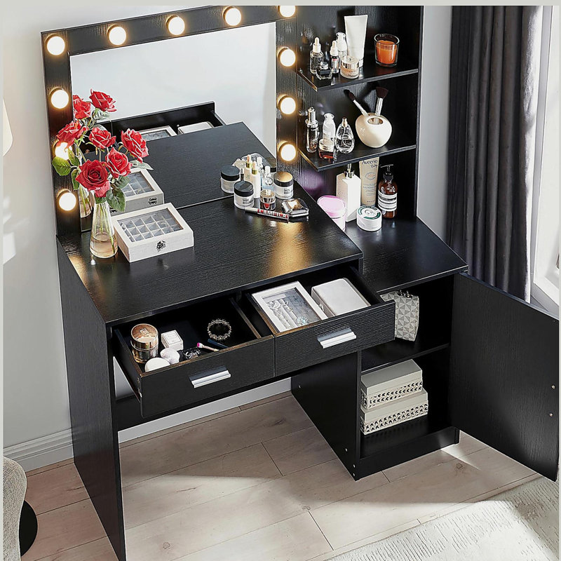 Meuble-lavabo avec miroir et lumières, coiffeuse 46,4 po avec 2 grands tiroirs et grand organisateur vertical, commode à 3 niveaux et 3 modes d'éclairage à luminosité réglable, convient à la chambre à coucher (noir)