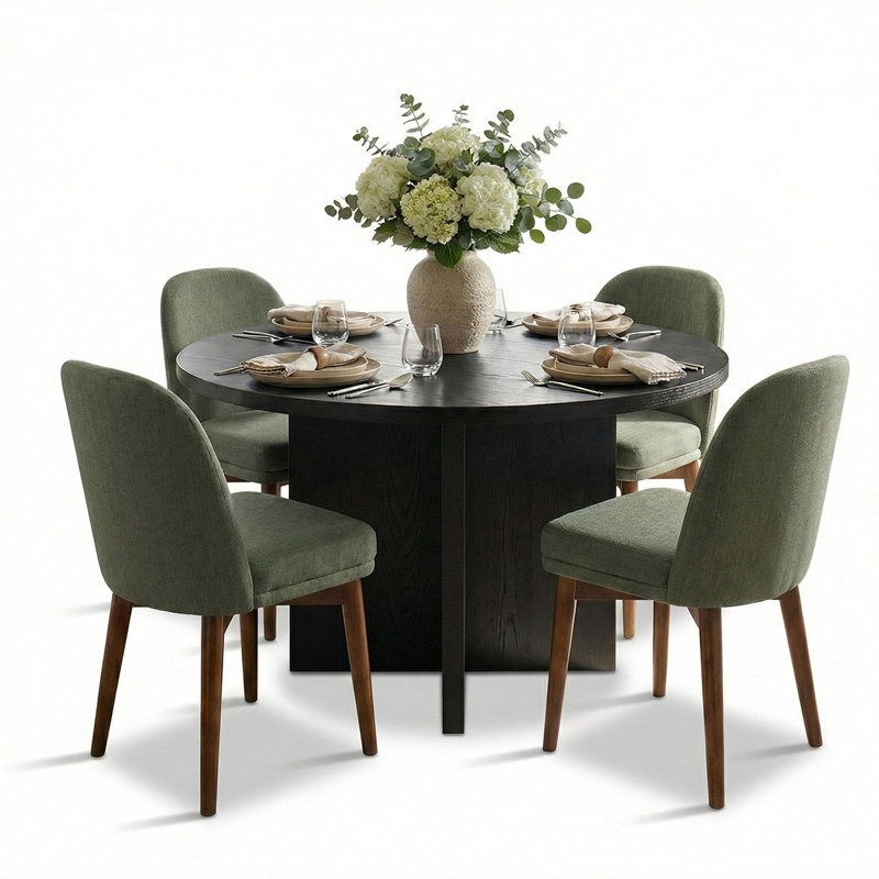 5-Piece Modern Black Round Dining Set, Green