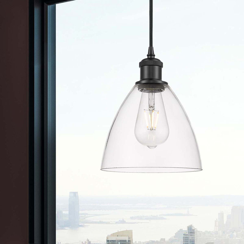 Luminaire suspendu en forme de dôme à 1 lumière Angelia, H 11,25 po x l 7,5 po x P 7,5 po, Transparent, Noir mat