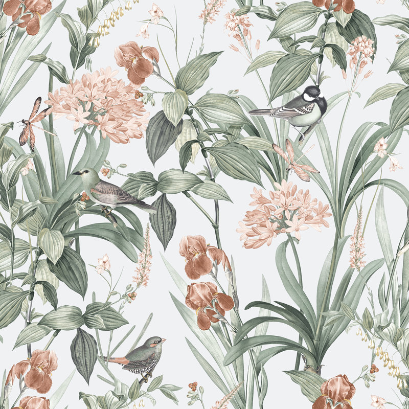 Papier peint botanique Mint Birds and Dragonflies, Blanc