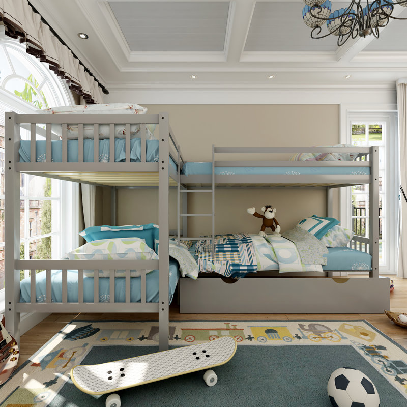 Hajime Kids Twin Over Twin Bunk Bed with Drawers, Gray