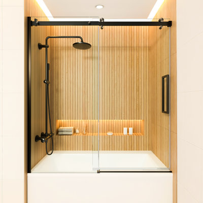 Portes de douche à porte coulissante simple sans cadre en verre de 56 à 60 po x H 75 po | Verre trempé transparent épaissi de 3/8 po | Étanche | Quincaillerie en acier inoxydable durable | Ajustage des parois inégales