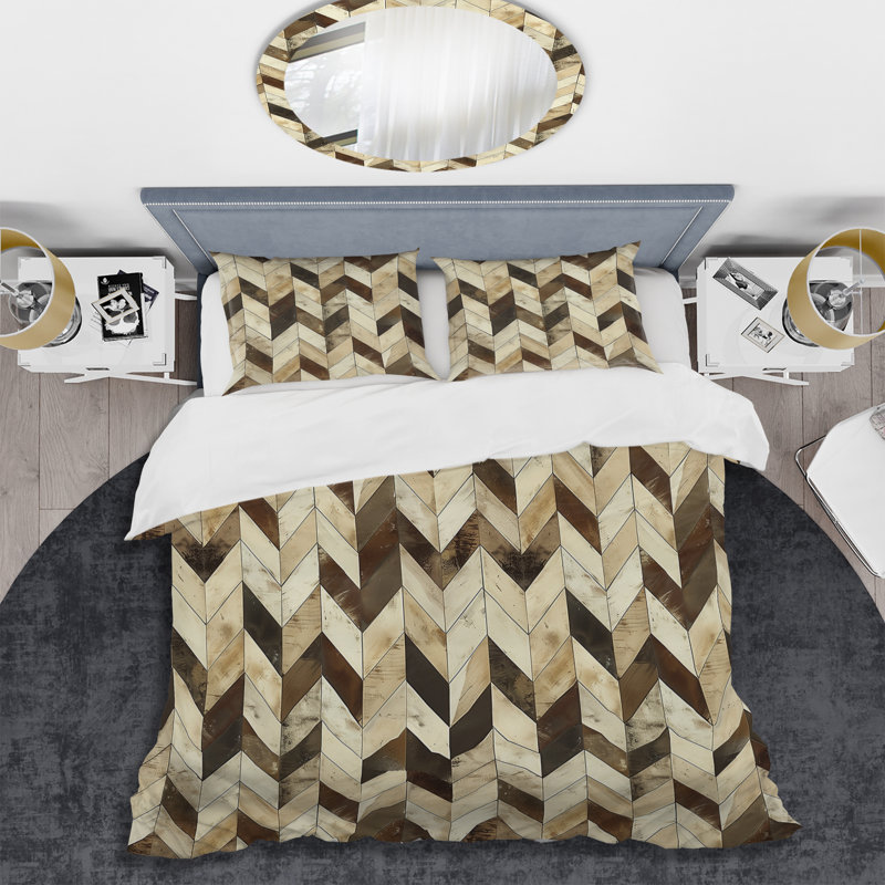 Ensemble de housse de couette moderne à motif de chevrons brun et beige II, Housse de couette pour grand lit et 2 taies décor
