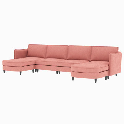 Red 6 Seater Fabric U-Shaped With Movable , High - Density Foam Cushions And Side Pocket Design 141.5'' Springs Construction
