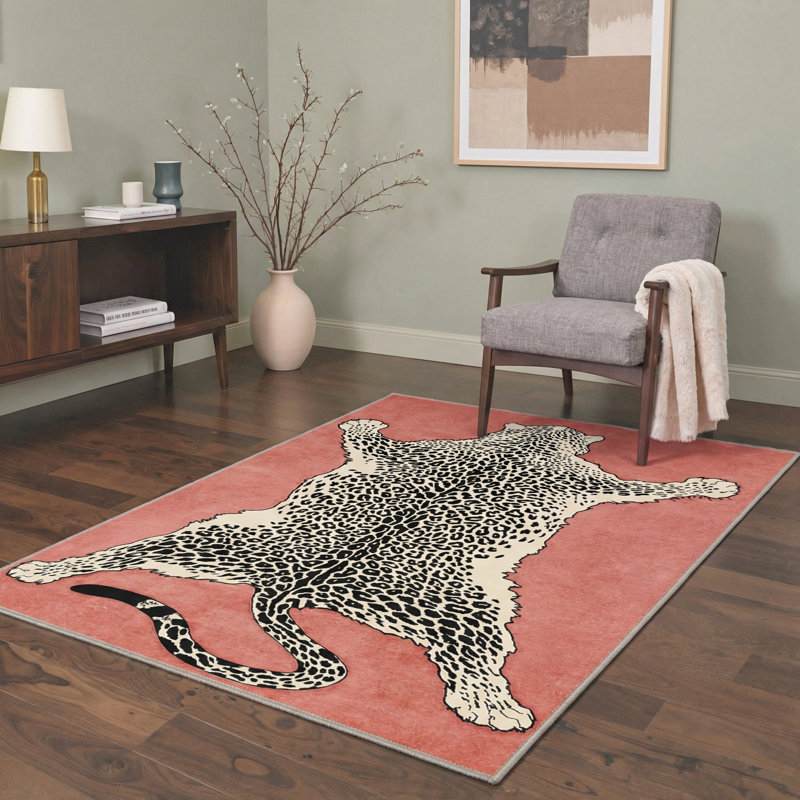 Talon Animal Print Machine Washable Red / Beige / Black Indoor Area Rug with Non-Slip Backing, Round 5'