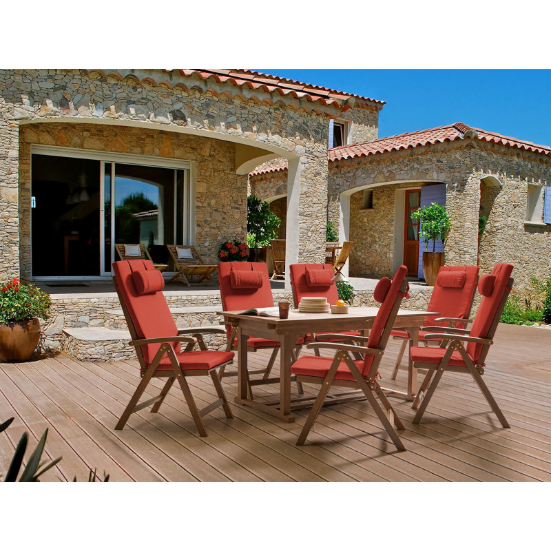 6 - Person Acacia Patio Dining Set with Rectangular Table , Cushions Included, Red
