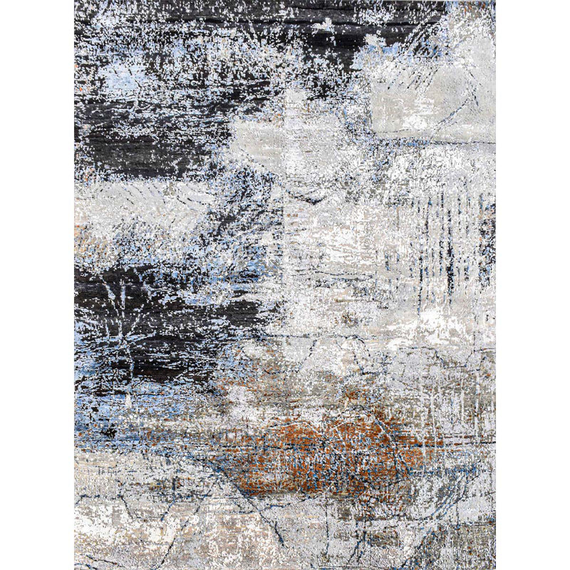 Hand Knotted Abstract Area Rug in Gray/Black, Rectangle 8' x 10'