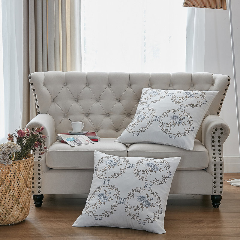 Rose Embroidered Pillow Cover, Grey Blue