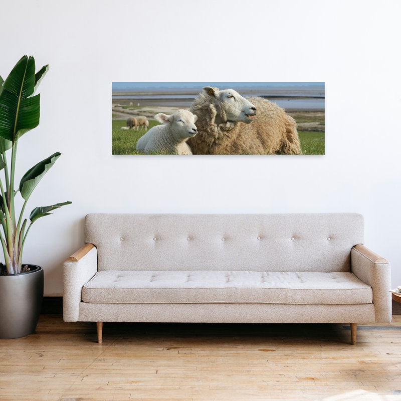 «Peaceful Ewe And Lamb Abstract Contemporary Landscape Nature», art mural, H 16 po x l 48 po
