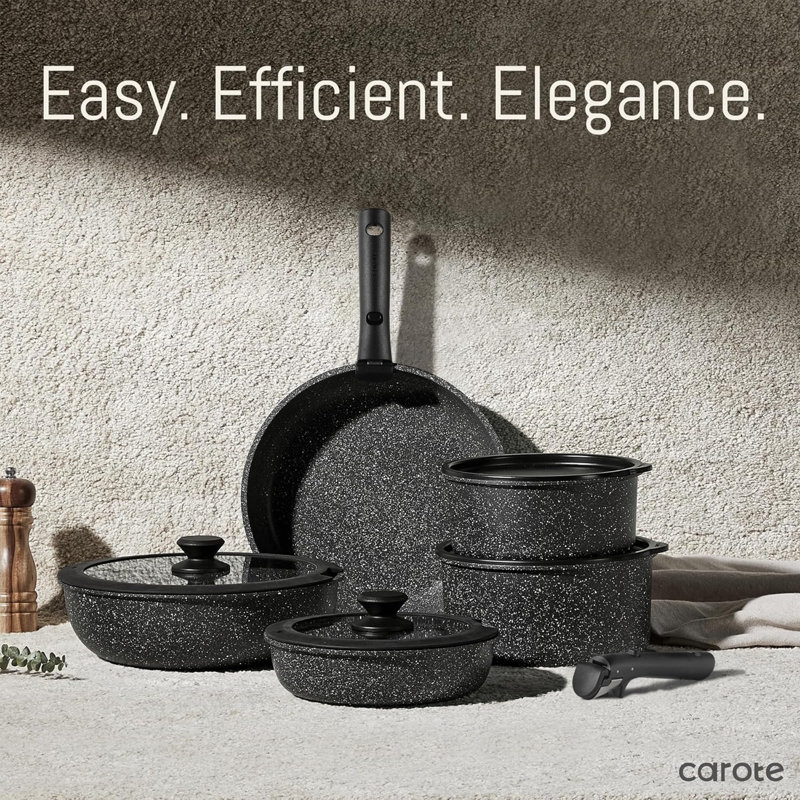 CAROTE 18-Piece Nonstick Cookware Set, Pots and Pans Set with Detachable Handle, Black