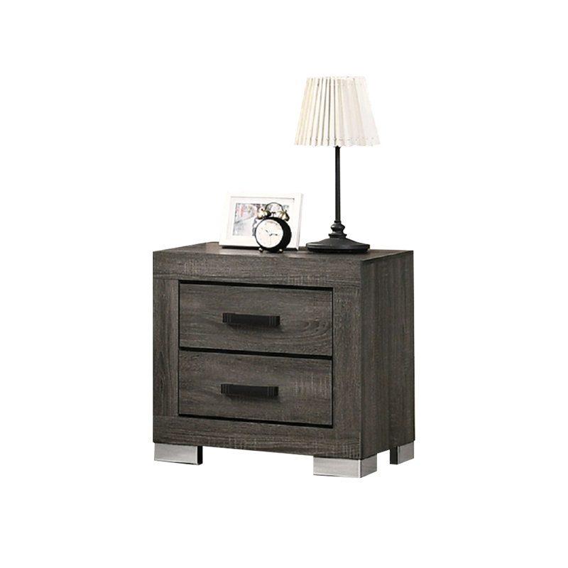 Table de chevet 2 tiroirs grise avec poignées noires, base solide - fondation pièce stable